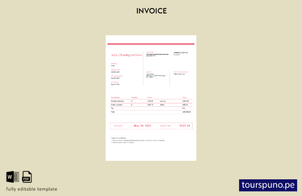 lista para imprimir plantilla de factura de servicios de limpieza de Arya de EE.